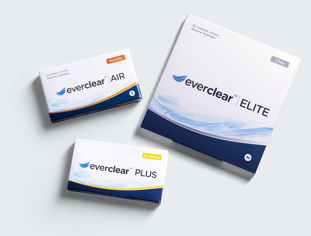 Kontaktlinsförpackningar av everclear AIR, everclear ELITE och everclear PLUS