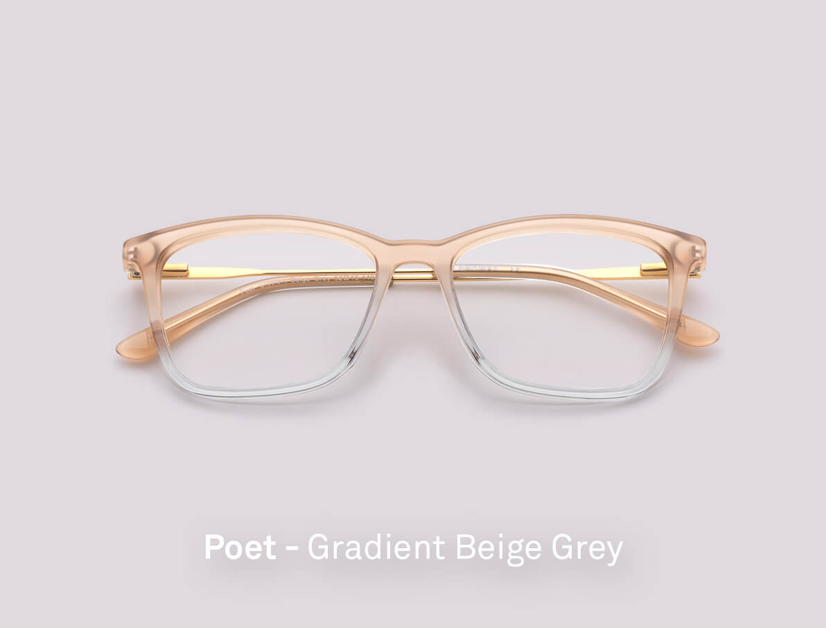 Glasögonbågar i gradient beige och grått med namnet på bågen skrivet under 