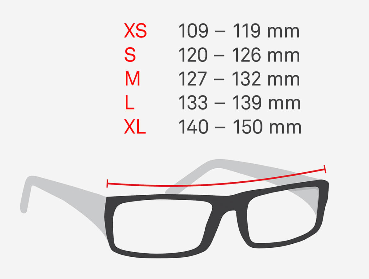 Piirretty kuva silmälaseista sekä millimetrimitat eri silmälasikokoihin.