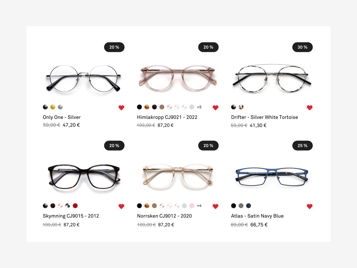 Screenshot laskeutuu eri väreissä ja muodoissa olevista silmälasikehyksistä Lenswaysin verkkosivuilla.