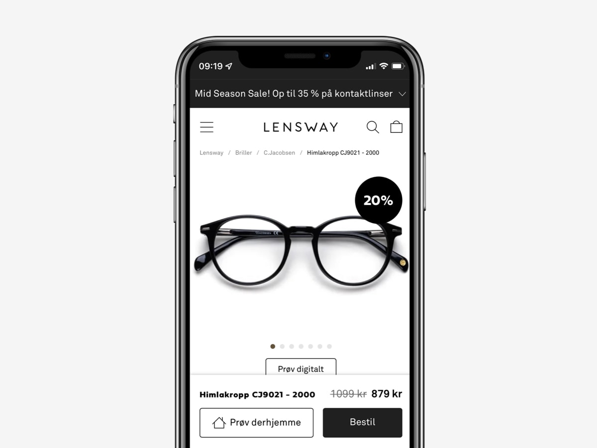 Mobilvisning af brilleproduktside på e-handelswebsite