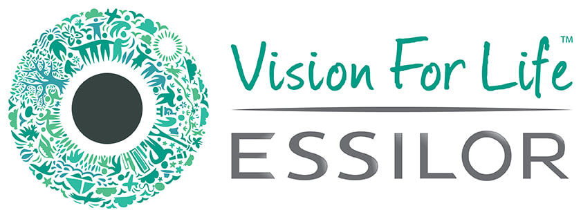 Logga av tecknade människor och natur format till ett öga med text bredvid: Vision For Life, Essilor