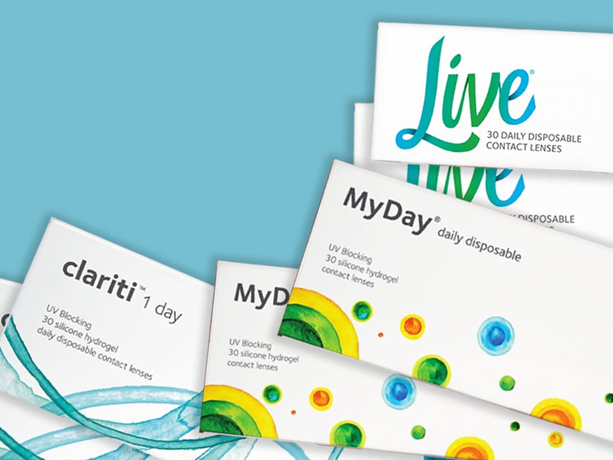Pakninger med kontaktlinser for Clariti 1 day, MyDay disposable og Live 30 Daily disposable contact lenses.