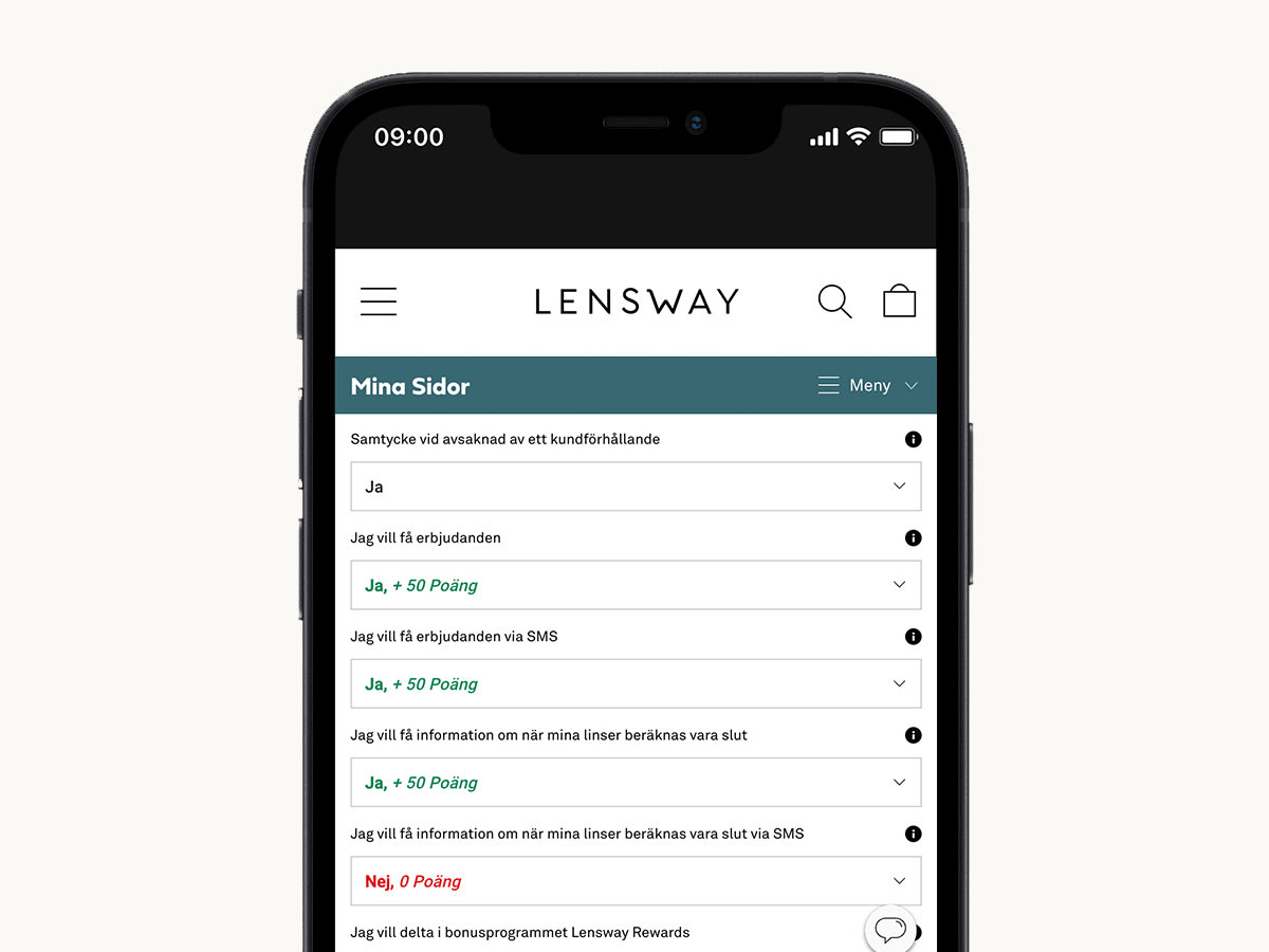 Mobiltelefon som visar inloggad läge på Lensways hemsida