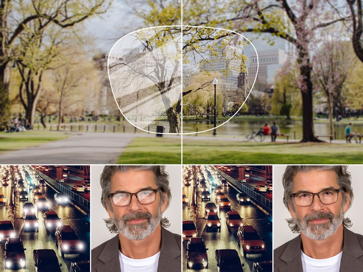Kollasje av en park med en tegnet brille, et bilde av biler, og en mann med svarte briller som ser inn i kameraet.