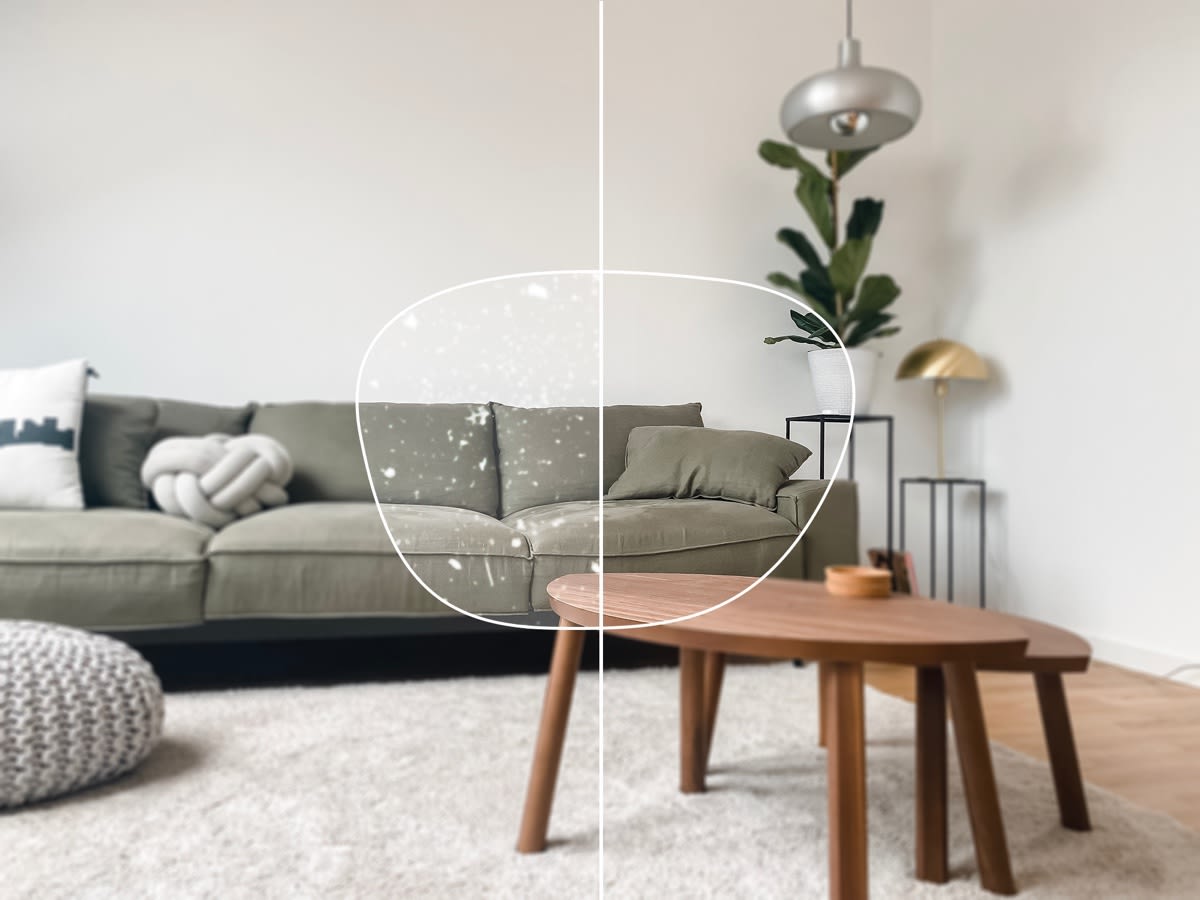 Stue med grå sofa, hvitt teppe, trebord og en grønn plante med en tegnet brilleglass på.