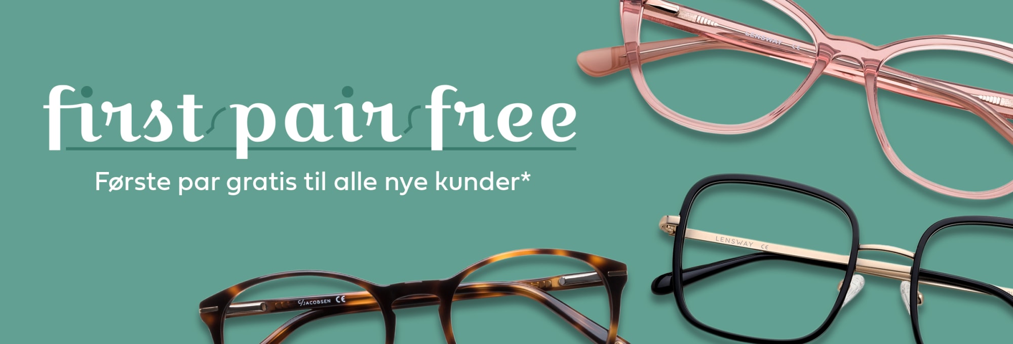 Briller på grøn baggrund i reklame for den første gratis brille.