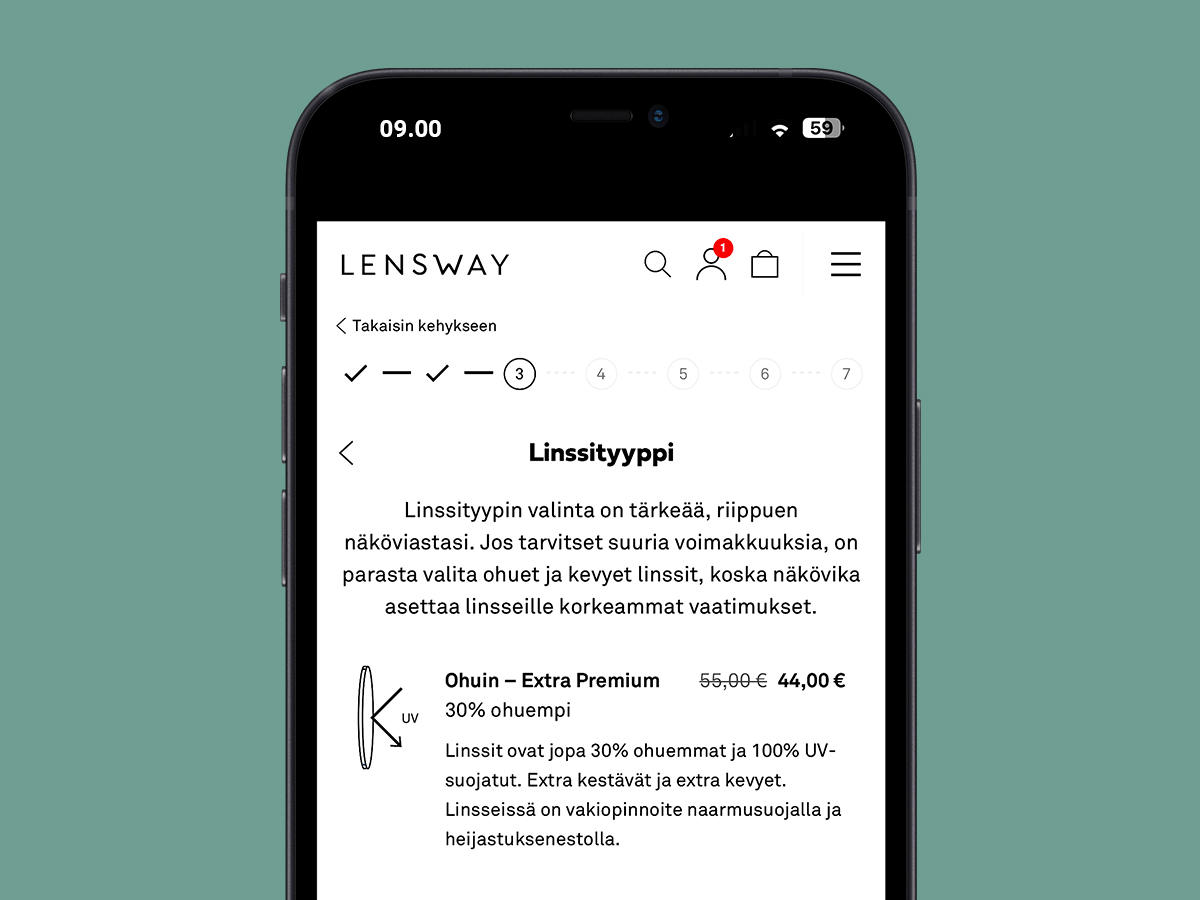 Matkapuhelin, joka näyttää vaihe vaiheelta, miten valita silmälasit Lenswayn verkkosivustolla.