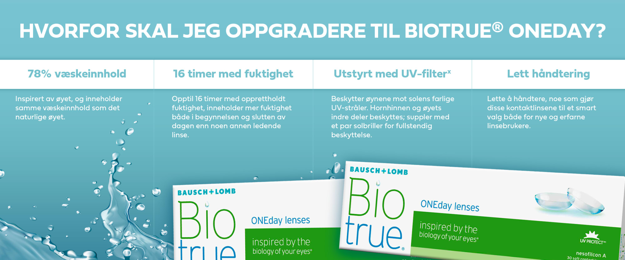 Banner som forklarer fordelene med Biotrue ONEday.