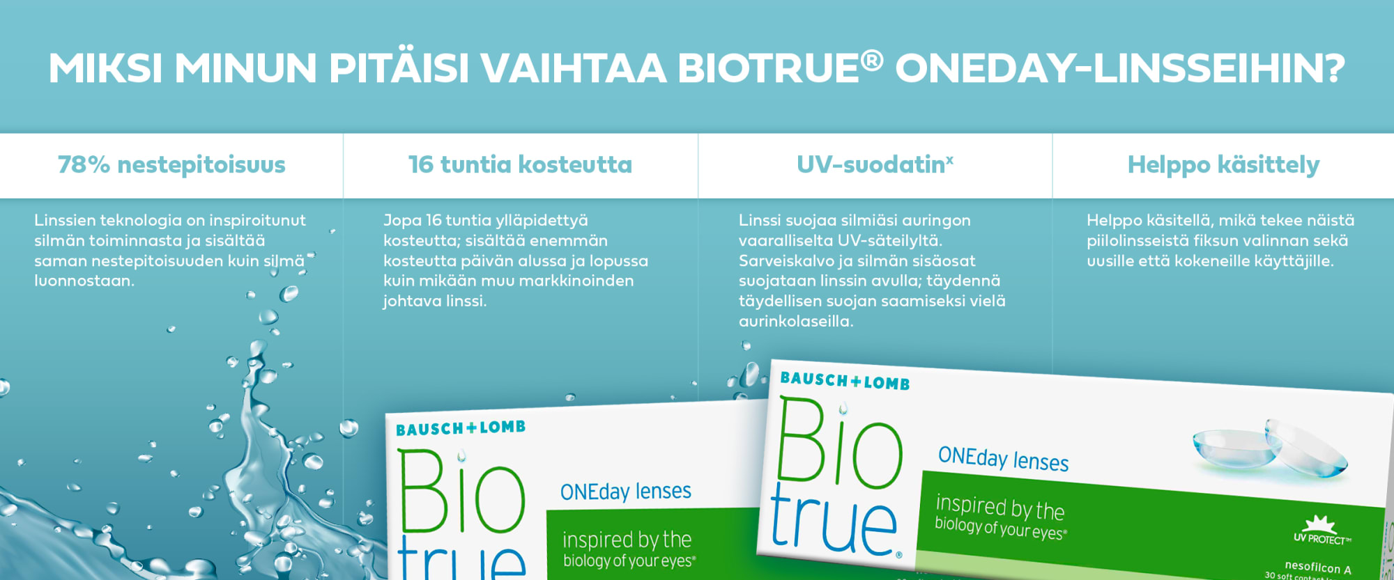 Mainosbanneri, joka selittää Biotrue ONEdayn edut.