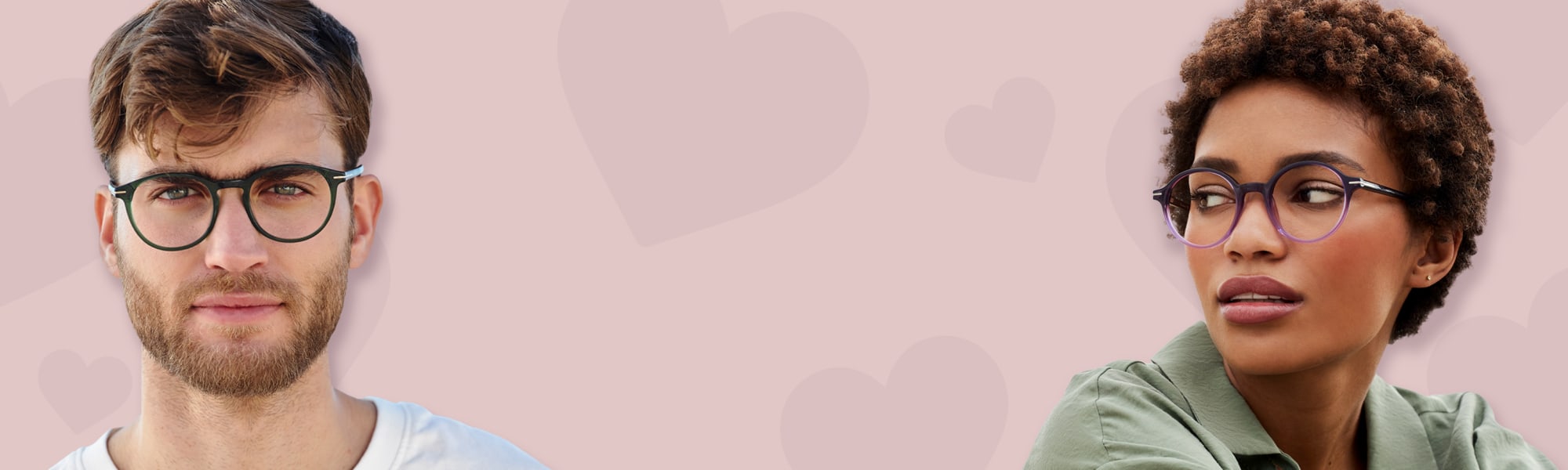 Rosa bakgrund med hjärtan och en kvinlig och en manlig modell med runda bågar