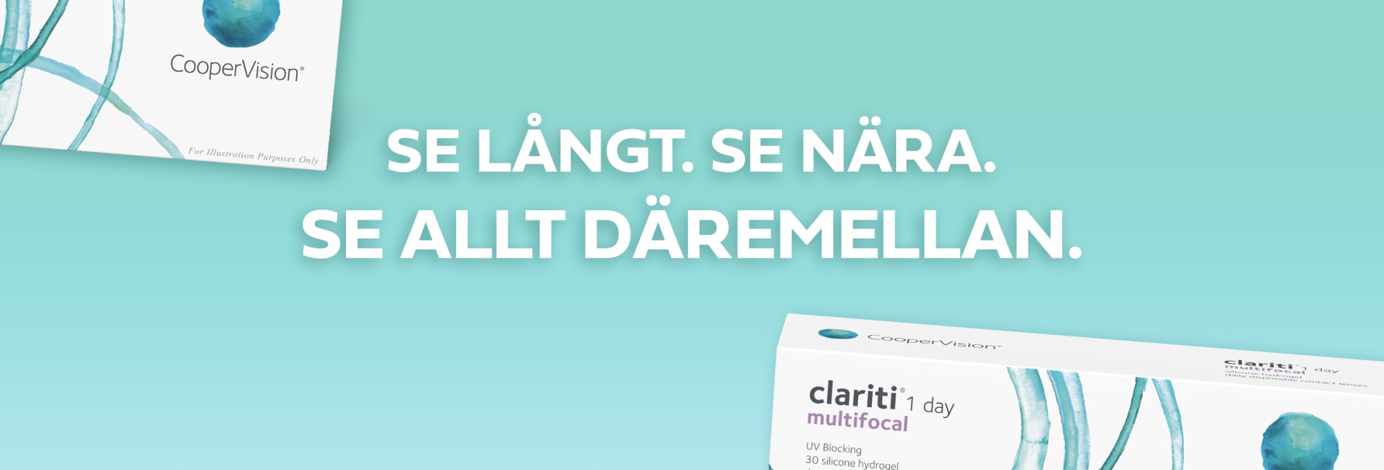 Man till vänster håller mobiltelefon, MyDay daily disposable multifocal förpackning till höger, text i mitten: Se långt. Se nära. Se allt däremellan.