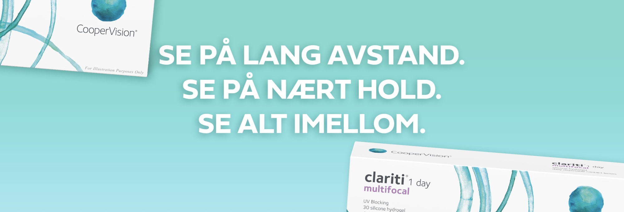 Mann til venstre holder en mobiltelefon, MyDay daily disposable multifocal pakning til høyre, tekst i midten: Se langt. Se nært. Se alt imellom.