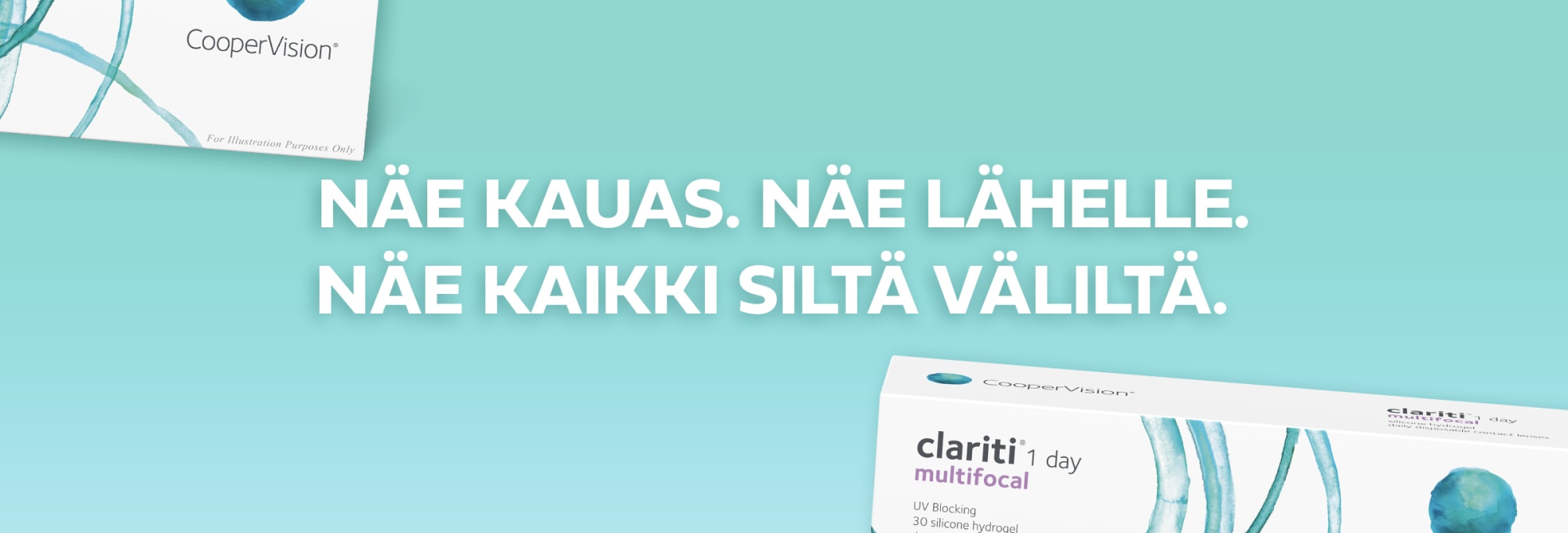 Mies vasemmalla pitää kädessään matkapuhelinta, ja oikealla on MyDay Daily Disposable Multifocal -piilolinssipakkaus.