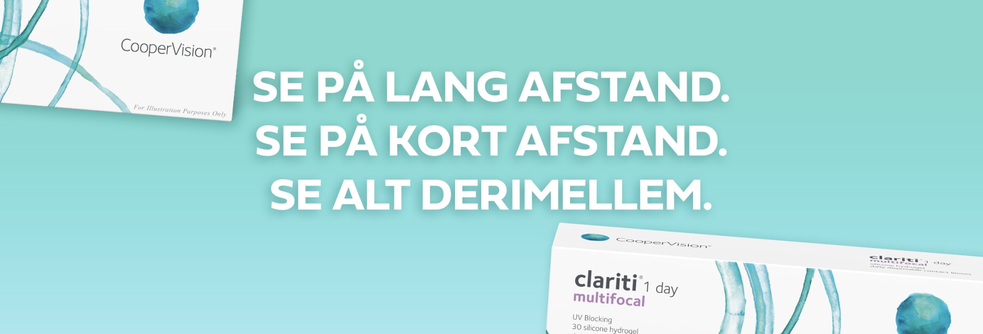 Banner for multifokale linser med mand, der ser på telefon, og en linseæske i hjørnet.