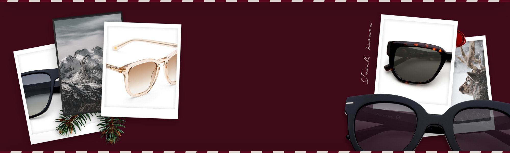 Beige och svarta solglasögon placerade mot en mörkröd bakgrund, med fotokollage i bakgrunden som visar snölandskap