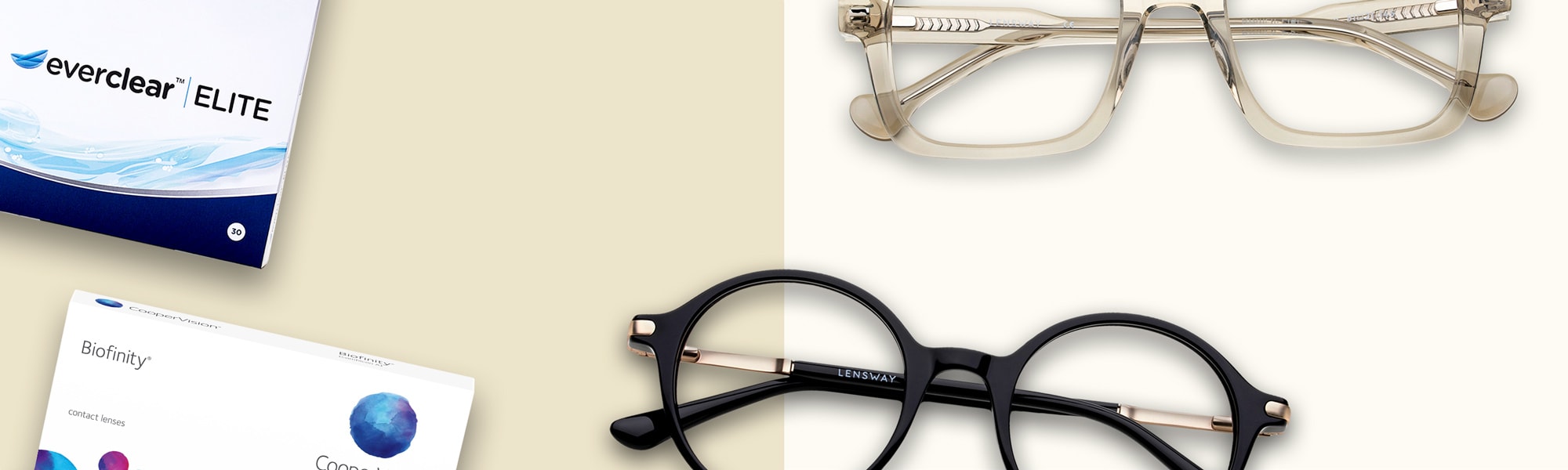 Moderna glasögon bredvid en kontaktlinsförpackningar från everclear och biofinity.