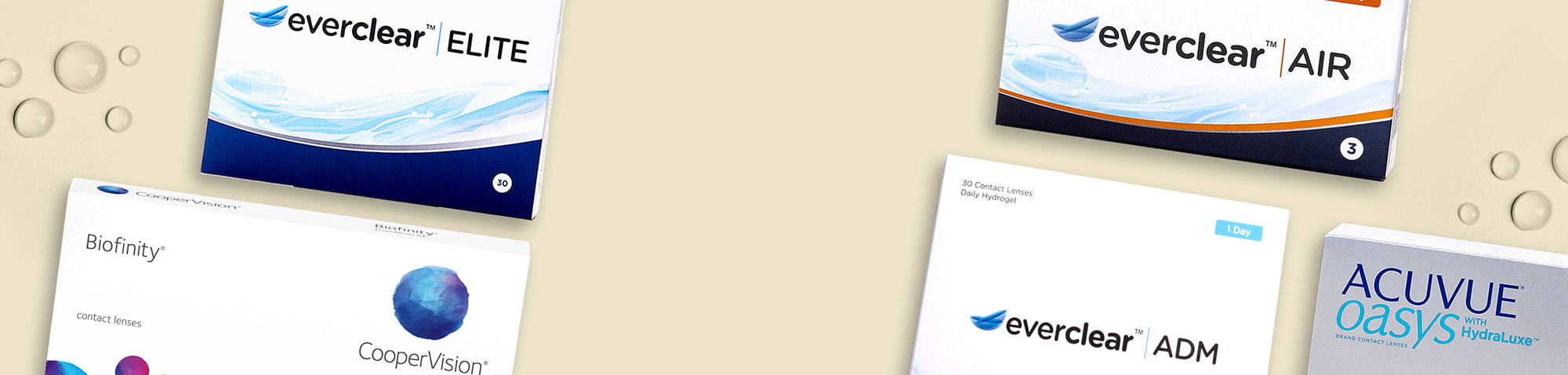 Everclear-, ACUVUE- ja Biofinity-kontaktlinssipakkaukset näkyvät yhdessä.