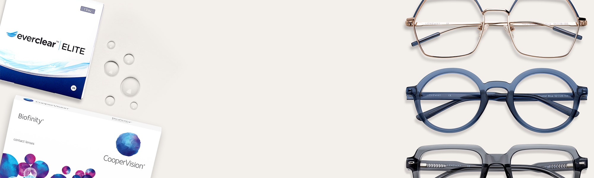 Tre par brilleinnfatninger i blått, grått og gull ved siden av kontaktlinseetui fra CooperVision Biofinity og Everclear Elite.