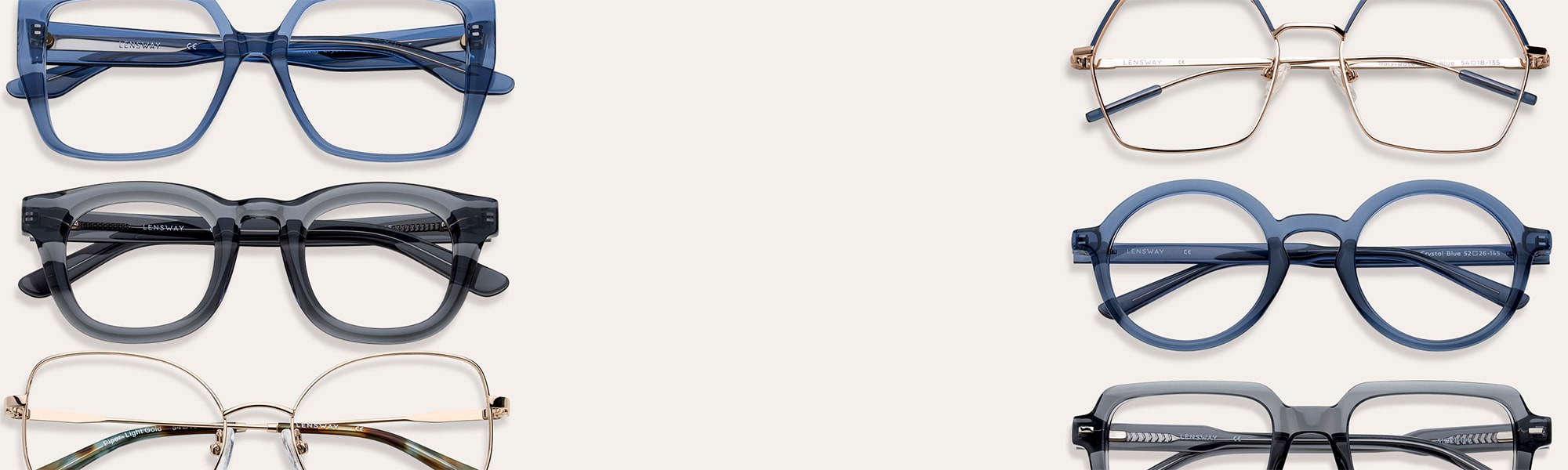 Seks par brilleinnfatninger i blått, grått og gull på rekke og rad.
