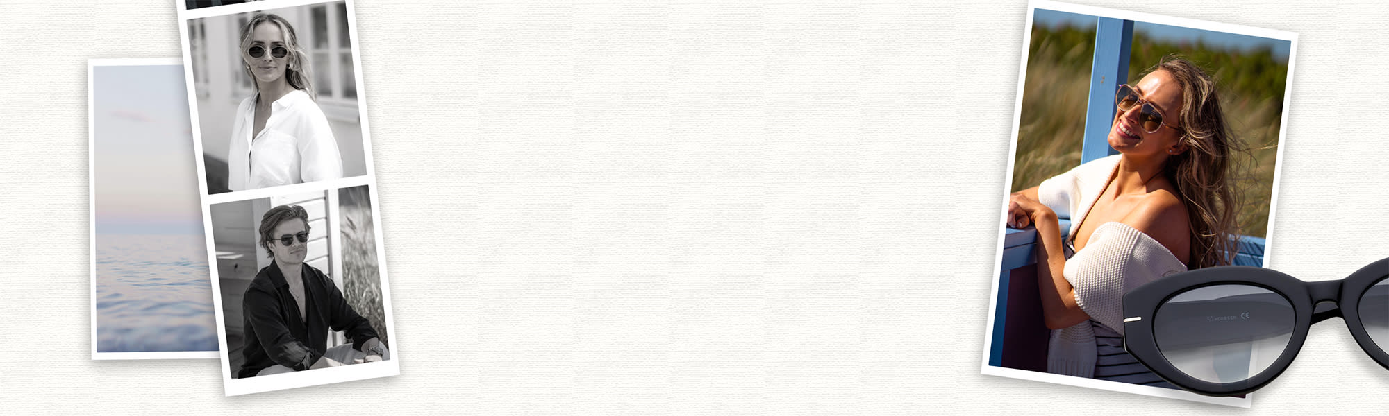 Til venstre sitter en mann med briller og svart skjorte blant sanddyner. Til høyre står en smilende kvinne med briller og hvit T-skjorte foran en blå vegg. I forgrunnen til høyre er et nærbilde av et par svarte, runde brilleinnfatninger merket Lensway.