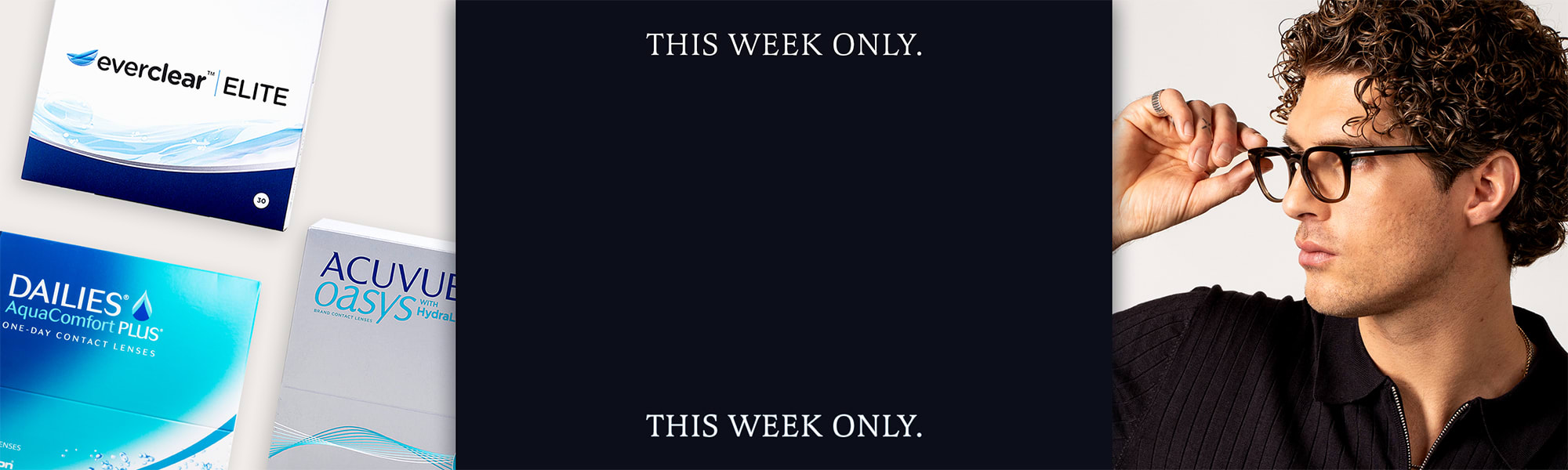 Kampagnebillede, der viser tre æsker med kontaktlinser til venstre, et mørkt midterfelt med teksten 