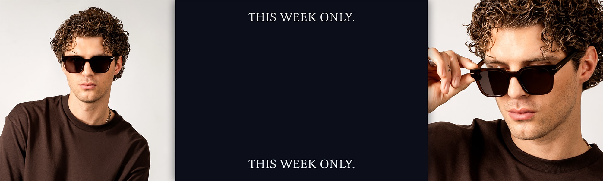 En ung mann med krøllete hår og en brun T-skjorte, iført mørke solbriller og med blikket rettet rett frem. I midten er det et mørkt felt med den hvite teksten 