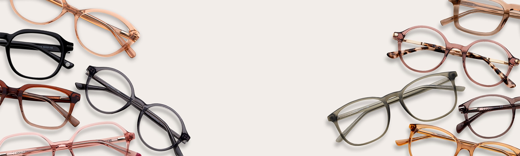Briller i forskellige modeller og farver, bl.a. brun, pink, sort og beige, på en lys baggrund.