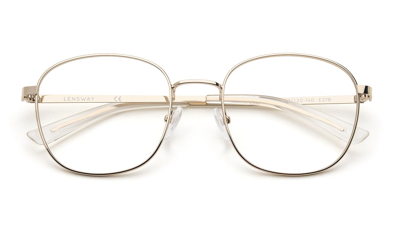 Gullfargede firkantede briller i tynn metall