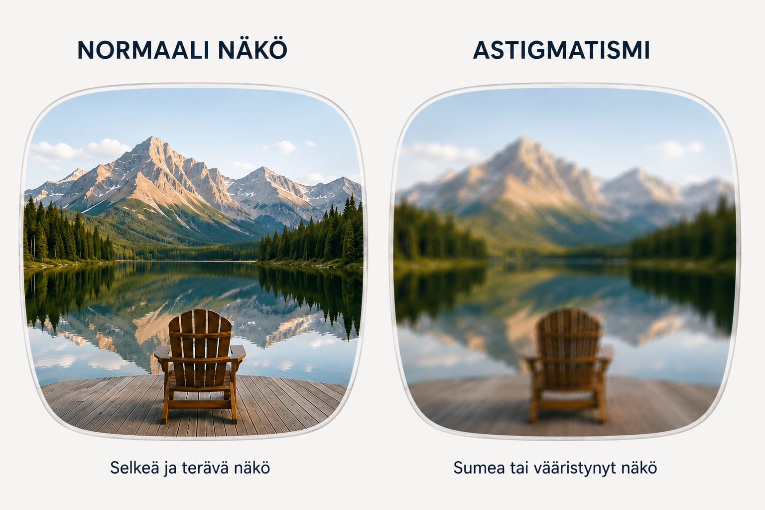 Havainnekuva siitä, miltä näkö voi näyttää astigmatismin kanssa ja ilman sitä