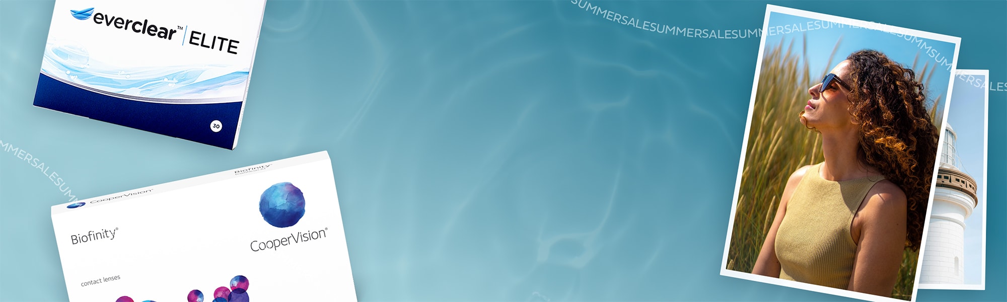 Everclear Elite- ja Biofinity-piilolinssipakkauksia sinistä vesitaustaa vasten sekä kesäinen kuva aurinkolaseja käyttävästä naisesta.