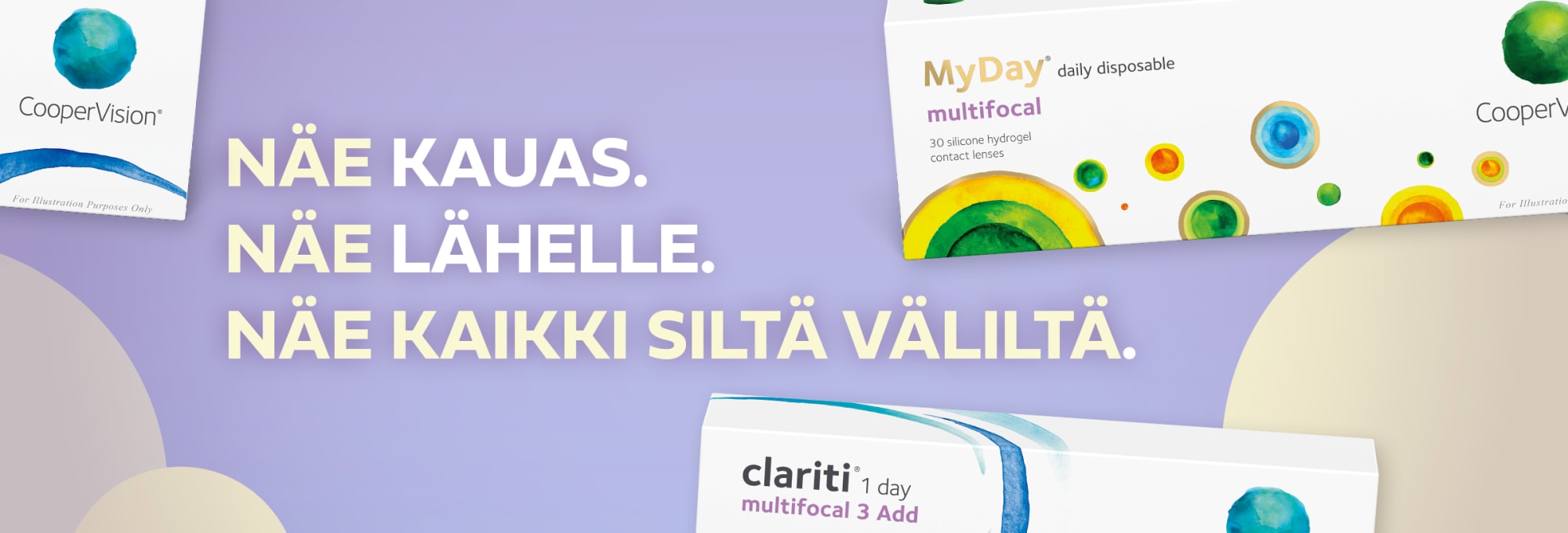 Mies vasemmalla pitää kädessään matkapuhelinta, ja oikealla on MyDay Daily Disposable Multifocal -piilolinssipakkaus.