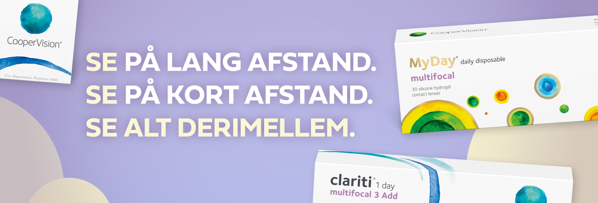 Banner for multifokale linser med mand, der ser på telefon, og en linseæske i hjørnet.
